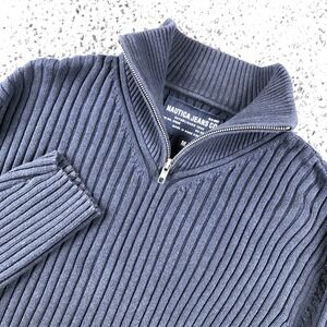 Nautica Jeans Co Sweater Mens Medium‎ Blue 1/2 Zip Mock Neck Elbow Patch Knit